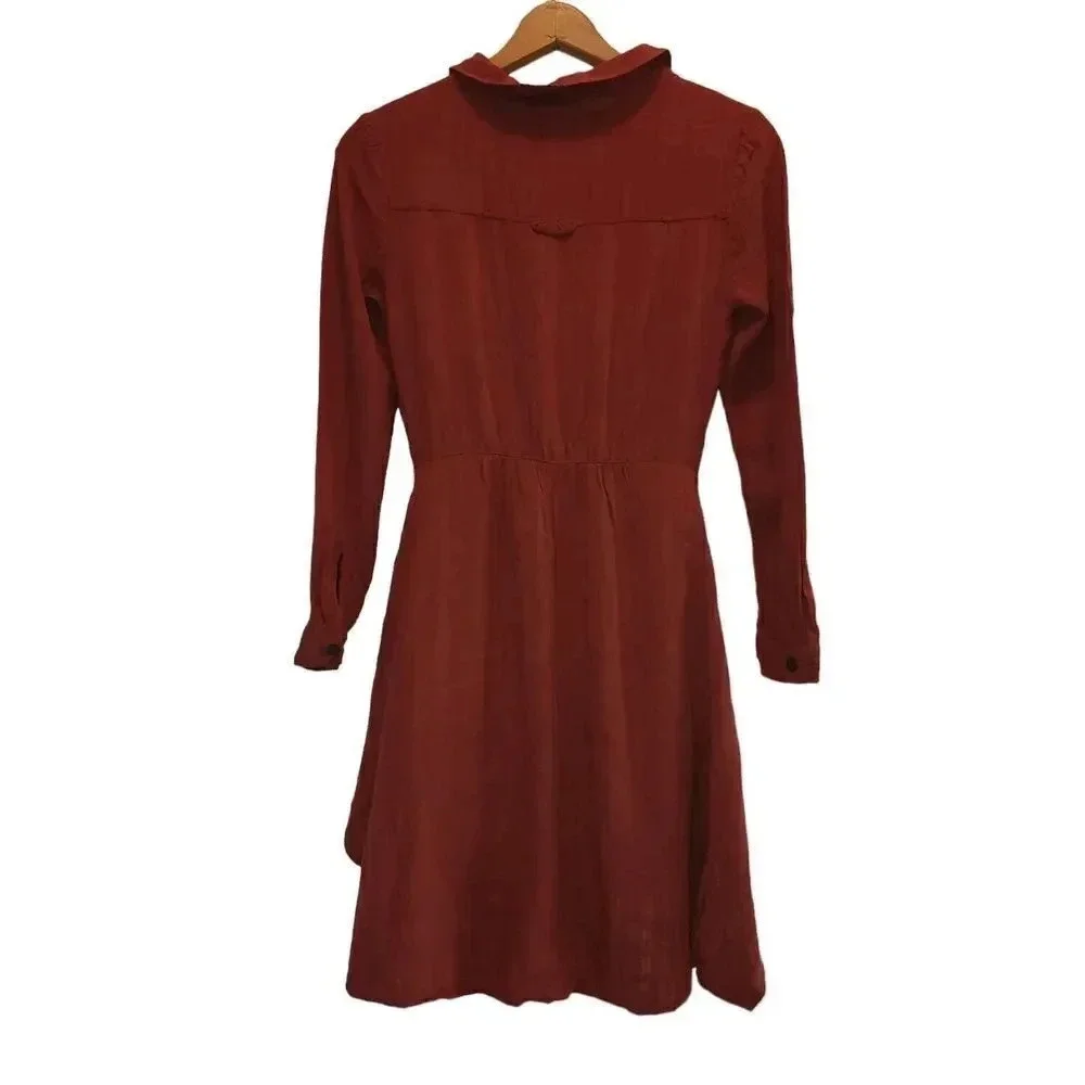 Anthropologie Maeve Tunic Shirt Dress Women Size 0 Burnt Rust Orange Long Sleeve